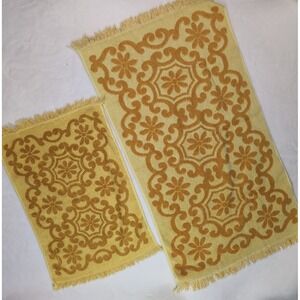 Fashion Manor Towel Set Hand & Bath Yellow Vintage Fringed Floral Damask Cotton